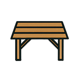 Cette icône illustre une table avec des planches de bois et des pieds. L'image montre une table en bois brut, symb